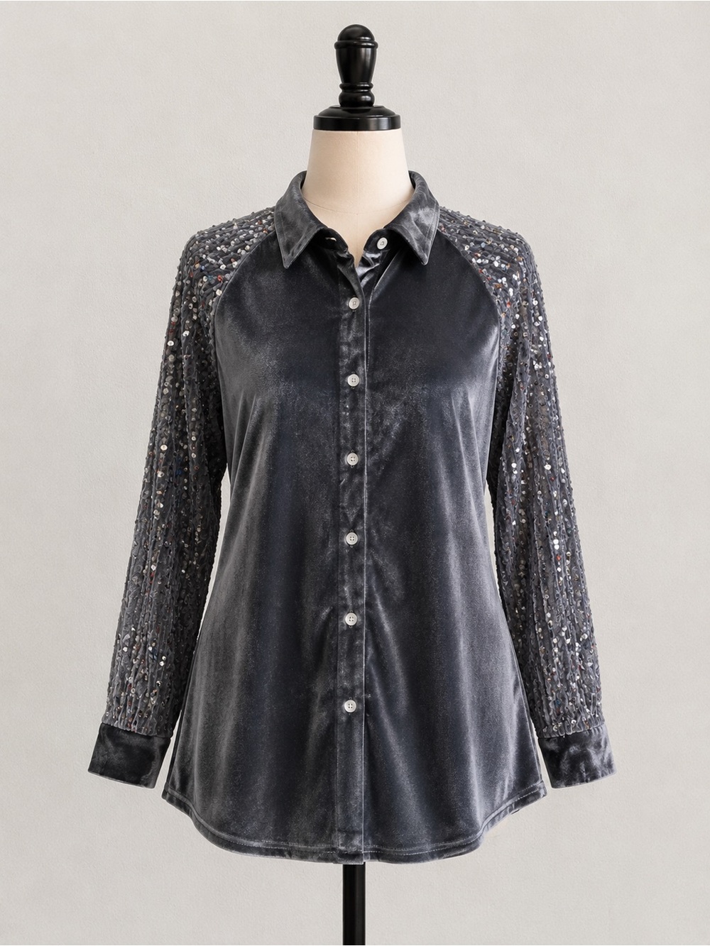 Women's Charcoal Velvet Button-Up Top with Sequin Sleeves